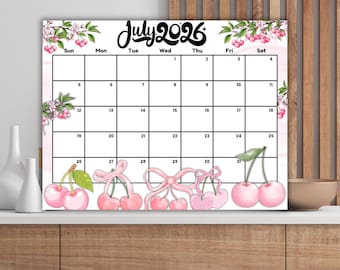 Calendario de julio de 2026 en PDF imprimible, Calendario de cerezas, planificador mensual minimalista editable en Canva, calendario de pared estético, inicio domingo-lunes