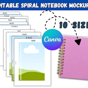 May include: An editable spiral notebook mockup featuring 10 sizes, including 8x10, 9.5x6, 9x6, 5.5x8.5, 5x7, 7x10, 8.5x11, and 6x9 inches. The image displays a pink notebook with gold spiral binding and a stack of paper templates with various hole counts.