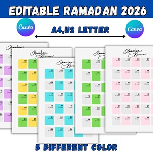 Può includere: Un set di cinque calendari del Ramadan 2026 in diversi colori: viola, giallo, verde, blu e rosa. Ogni calendario presenta una griglia con date e il testo "Ramadan Kareem". Lo striscione in alto recita "EDITABLE RAMADAN 2026". Formato A4/US Letter.
