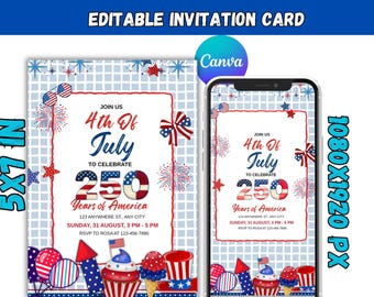 Plantilla de invitación editable para el 4 de julio en Canva, tarjeta de invitación para el Día de la Independencia, invitación imprimible para fiesta patriótica, víspera de agradecimiento al maestro.