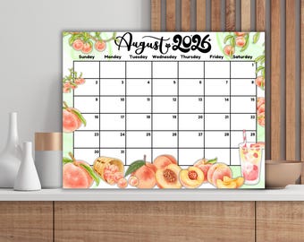 Calendario editable de agosto de 2026 en PDF / Planificador mensual imprimible y rellenable, calendario de verano color melocotón, organizador tamaño carta para niños, escuela y hogar.