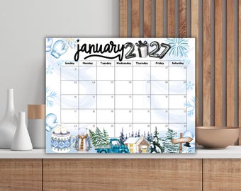 Canva Editable January 2027 Calendar, Sun & Mon Printable Monthly Planner Temp,  Minimalist Calendar for Home, Office School, New Year Gift