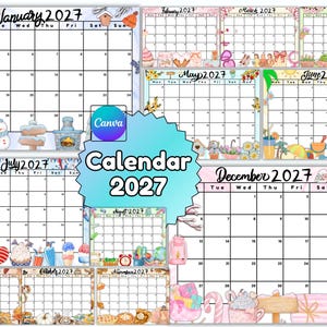 May include: A 2027 monthly calendar set featuring twelve pages with seasonal watercolor illustrations. Each page displays a grid for dates, month names, and the year. Designs include winter scenes, spring flowers, summer beach items, and autumn pumpkins.