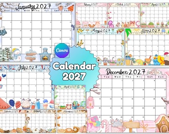 Calendario de enero a diciembre de 2027 editable e imprimible en Canva. Planificador mensual en PDF. Calendario de Año Nuevo. Plantilla de calendario linda. Regalo para enero de 2027.