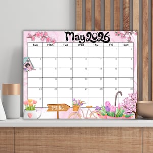 Maj 2026-kalender, redigerbar månadsplanerare i 11x8,5 cm, utskrivbar söt vårkalender, direktnedladdning, anteckningssektion, present