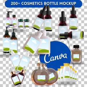 Puede incluir: Una colección de varios frascos cosméticos con diferentes formas y tamaños. Los frascos son transparentes, marrones y morados con etiquetas que presentan un diseño de paisaje verde. Los frascos están dispuestos sobre un fondo blanco con la palabra "Canva" en texto azul.