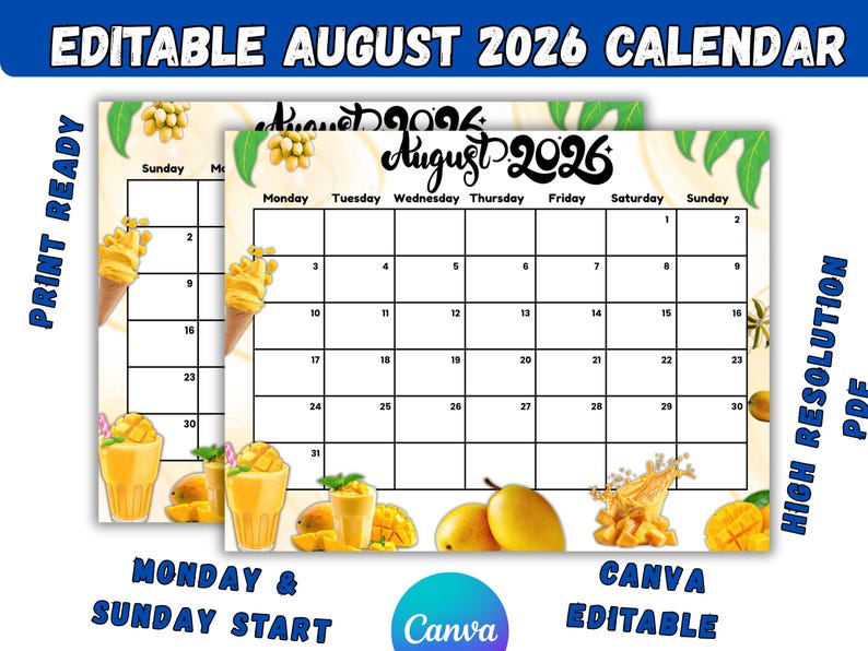 Buy Editable August 2026 Calendar | Printable & Fillable Monthly ...