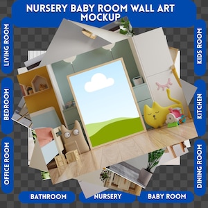 Puede incluir: Una impresi&oacute;n de arte de pared para guarder&iacute;a enmarcada con una nube de dibujos animados y colinas verdes. La impresi&oacute;n est&aacute; colgada en una pared en una habitaci&oacute;n con un piso de madera y un juguete de gato amarillo.
