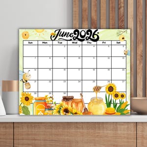 Calendario de junio de 2026 para imprimir y editar, planificador mensual con un diseño atractivo, temática de abejas veraniegas, descarga instantánea en PDF, de lunes a domingo.
