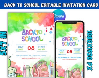 Plantilla editable de Canva para invitación de regreso a clases, invitación para jornada de puertas abiertas de la escuela, folleto para evento del primer día de clases, descarga digital, invitación electrónica para la escuela.