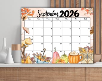 Calendario editable de septiembre de 2026 en PDF imprimible / Planificador mensual y organizador rellenable para la escuela, el trabajo, la oficina y el hogar / Descarga instantánea. Regalo ideal.