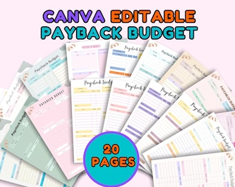 May include: A collection of 20 printable Payback Budget templates in various pastel colors, including pink, blue, and yellow. The text "CANVA EDITABLE PAYBACK BUDGET" is displayed at the top, with "20 PAGES" in a circle at the bottom.