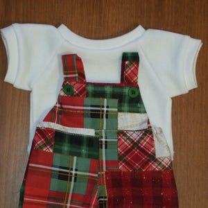 NEW For Cabbage Patch Kids Boys 16" Doll Clothes Beautiful Green and Red Plaid Patchwork Christmas Bib Overall set With White Tee-shirt