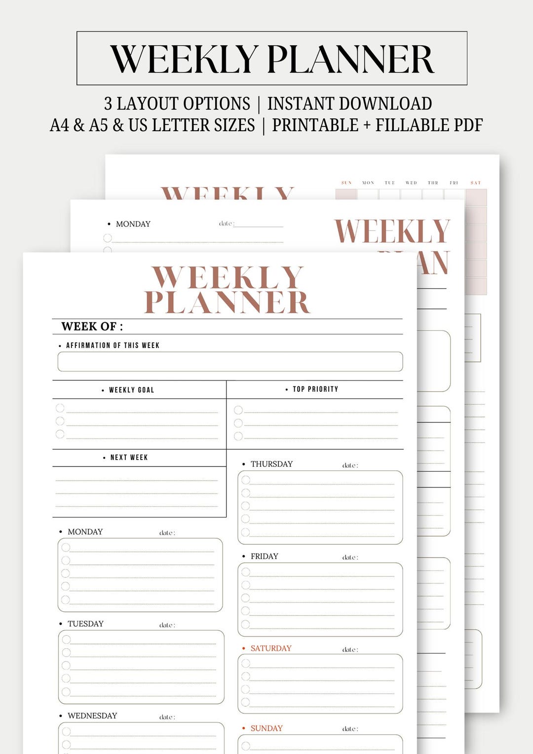 Minimalist Weekly Planner Printable: Fillable PDF, A4/A5/US Letter - Etsy