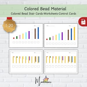 Può includere: Quattro fogli di lavoro stampabili per un'attività di scala di perline Montessori. Ogni foglio di lavoro mostra una disposizione diversa di perline colorate, con un numero corrispondente di quadrati vuoti da riempire da parte del bambino.