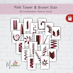 May include: A set of 30 printable pattern cards featuring pink and brown blocks arranged in various geometric designs. The cards are titled "Pink Tower & Brown Stair 30 Combination Pattern Cards".
