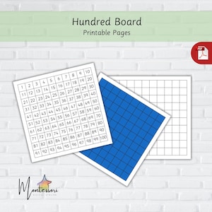 Puede incluir: Tablero de cien imprimible con números del 1 al 100 en filas y columnas. El tablero se muestra con un fondo azul y un fondo blanco.