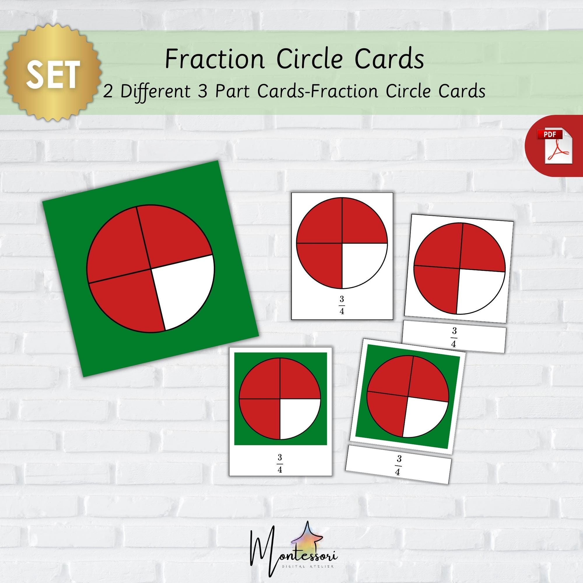 Montessori Fraction Circles-Fraction Circle Cards-Printable Fraction Cards-Fraction 3PartCards-Montessori Printable Fraction Circle Activity