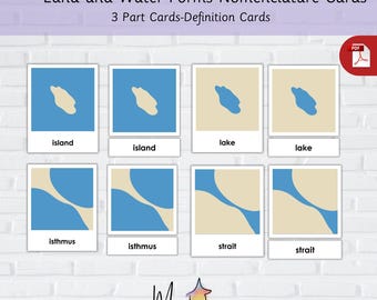 Montessori Land und Wasser Formen 3-Teilige Karten-Montessori Land und Wasser Formen 3 Teilige Nomenklatur Karten-Montessori 3 Teilige Karten-Nomenklatur