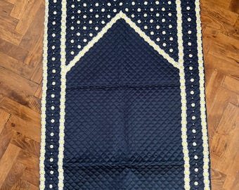 Navy Blue Quilted Prayer Rug, Daisy Lace Trim, Islamic Gift