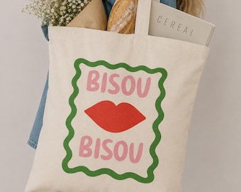 Bisou Bisou Bold Graphic Tote Bag, 100% Eco Cotton Canvas Summer, French Quote Bag, Gift for Her