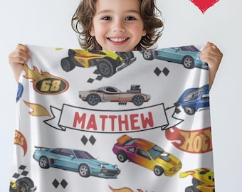 Personalisierte Hot Wheels Decke, Rennwagen Fleece, Monstertruck Kinderzimmer Dekor