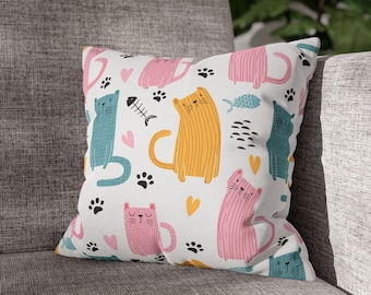 Colorful Cat Throw Pillow, Cotton Kitty Decor