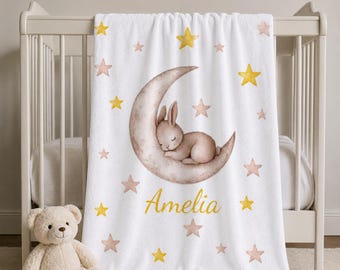 Custom Baby Girl Moon and Stars Blanket, Bunny Nursery Decor, Personalized Toddler Blanket, Bunny Nursery Decor, Baby First Gift