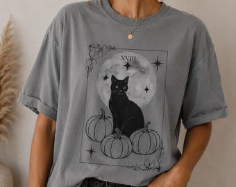 Svart katt Halloween-tröja: Komfortfärger svart katt-tröja, vintage Halloween-tröja, retro, läskig katt-tröja, gotisk hösttröja