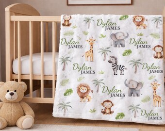 Custom Wild One Baby Gift, Safari Animals Blanket,  Jungle Nursery Decor, Lion toddler Blanket