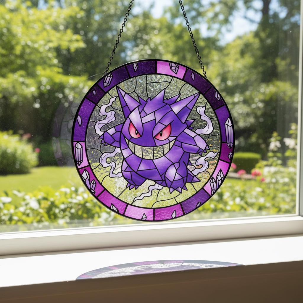 Gengar Handcrafted Pokemon Glass Suncatcher, Handcrafted Ghost Pokémon Suncatcher, Gift for Fans& Collectors, Gothic Pokémon Home