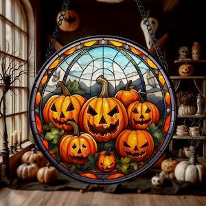 Halloween Pumpkin Patch Suncatcher – Stained Glass Window Hanging with Jack O’Lantern Faces, Autumn Leaves, and Spooky Seasonal Decor