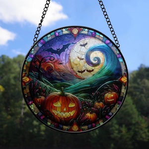 Halloween Stained Glass Suncatcher, Pumpkin Patch, Moon & Bats Halloween Decor, Spooky Autumn Window Hanging, Halloween Pumpkin Suncatcher