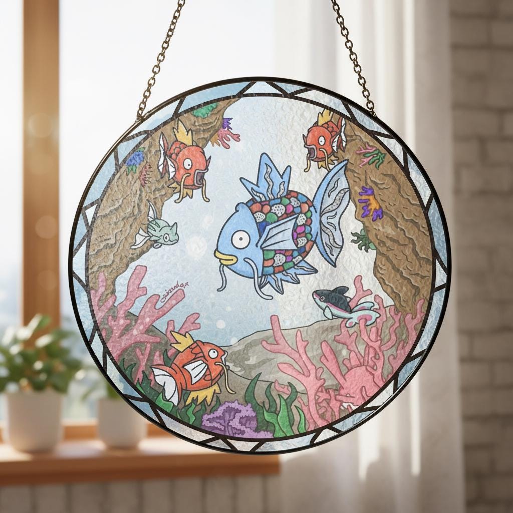 Magikarp to Gyarados Stained Glass Suncatcher, Pokemon Inspired Underwater Window Hanging, Ocean Aquarium Decor Gift