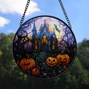 Haunted House Pumpkin Halloween Suncatcher, Gothic Stained Glass Window Decor, Spooky Moonlight Bat Scene, Halloween Home Ornament