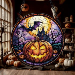 Jack O’Lantern Pumpkin Suncatcher – Stained Glass Halloween Window Hanging with Bat, Haunted Castle, Full Moon Spooky Fall Decor