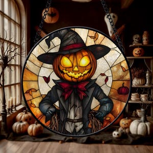 Pumpkin Scarecrow Suncatcher – Stained Glass Halloween Window Hanging with Witch Hat, Glowing Jack O’Lantern and Autumn Leaves Decor