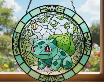 Bulbasaur Stained Glass Suncatcher, Floral Anime Decor