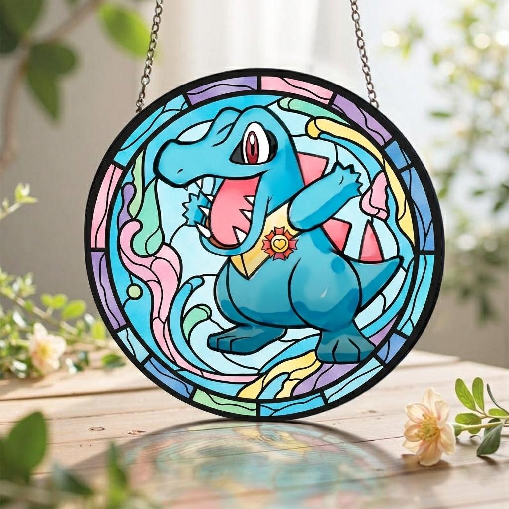 Totodile Stained Glass Suncatcher, Water Anime Window Hanging, Cute Dragon Room Decor, Gift for Pokemon Fan