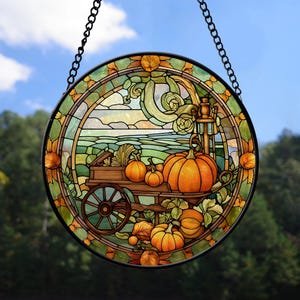 Pumpkin Stained Glass Suncatcher, Halloween Window Hanging, Autumn Wheelbarrow Decor, Fall Harvest Home Decor, Seasonal Pumpkin Suncatcher