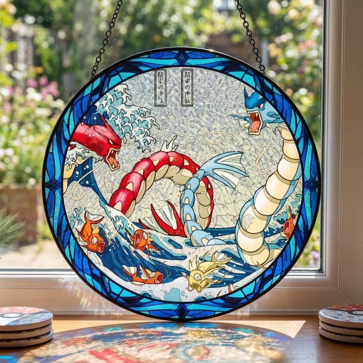Gyarados Magikarp Stained Glass Suncatcher, Water Pokemon Window Hanging, Japanese Wave Anime Decor, Pokemon Fan Gift