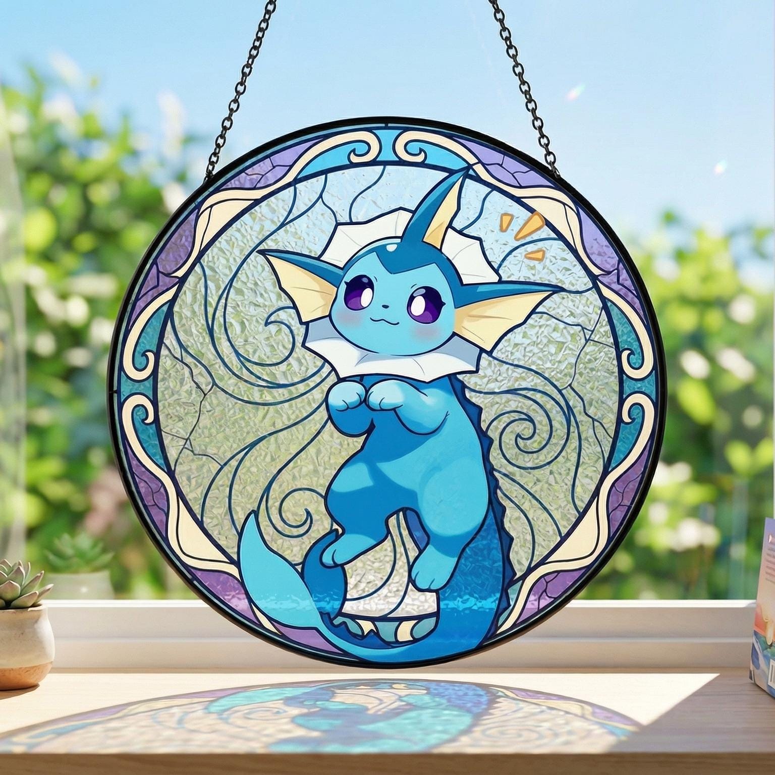 Vaporeon Stained Glass Suncatcher, Water Pokemon Window Hanging, Eevee Evolution Anime Decor, Pokemon Fan Gift