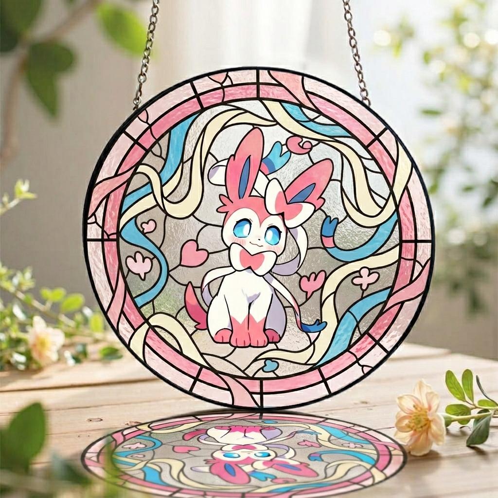 Sylveon Stained Glass Suncatcher, Pink Pastel Anime Window Hanging, Kawaii Room Decor, Gift for Pokemon Fan