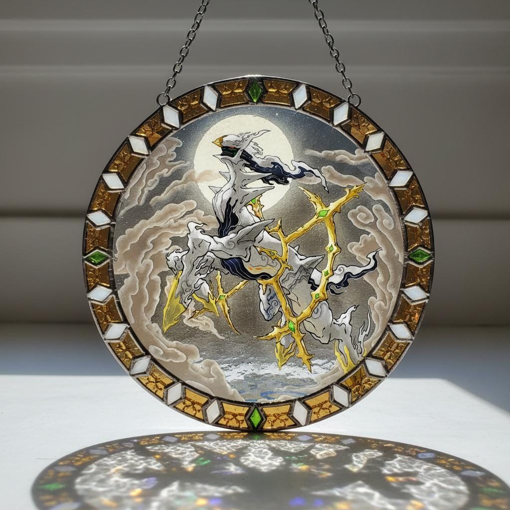 Handcraft Arceus PokemonGlass Suncatcher, Legendary Pokemon Window Hanging, Round Glass Suncatcher Home Decor Gift For Gamer