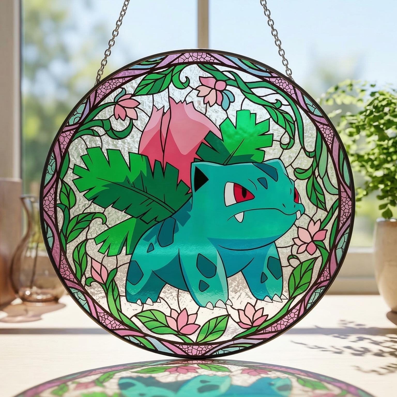 Ivysaur Stained Glass Suncatcher, Grass Pokemon Window Hanging, Plant Pokemon Anime Decor, Pokemon Fan Gift