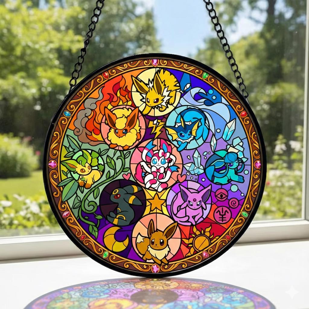 Evee Evolution Stained Glass Window Hanging, Cute Pokémon Decor, Cherry Blossom Gift for Anime Fans, Pokémon Gift For Home Decor