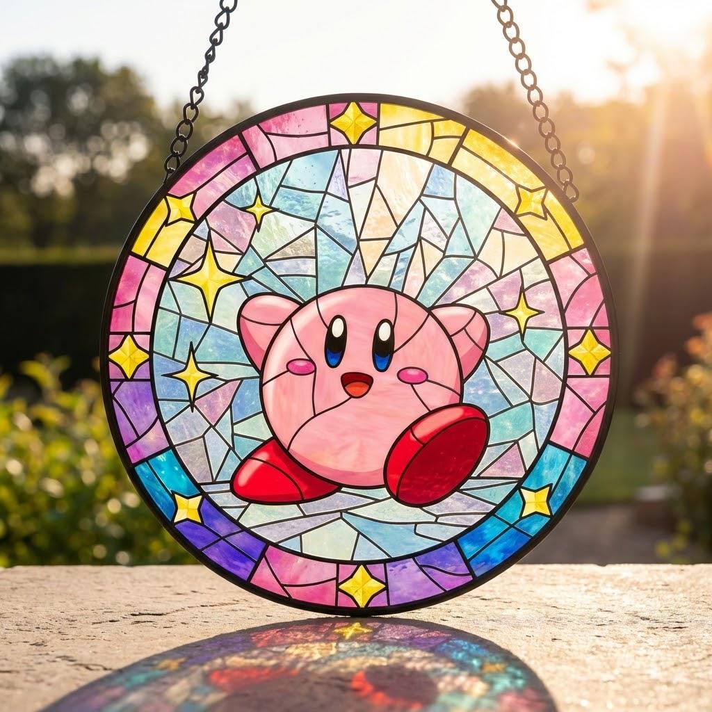 Handmade Kirby Stained Glass Suncatcher, Gamer Art Hanging Decor,Perfect Gift For Fans, Birthday Gift Idea