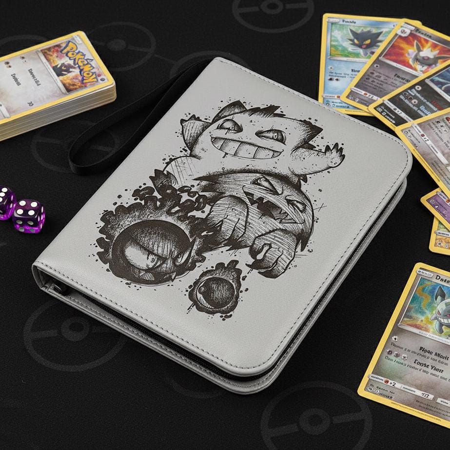Gengar Evolution Pokemon Binder Gastly Haunter, Ghost Pokemon Card Holder, Zipper Trading Card Album, Engraved Leather Style