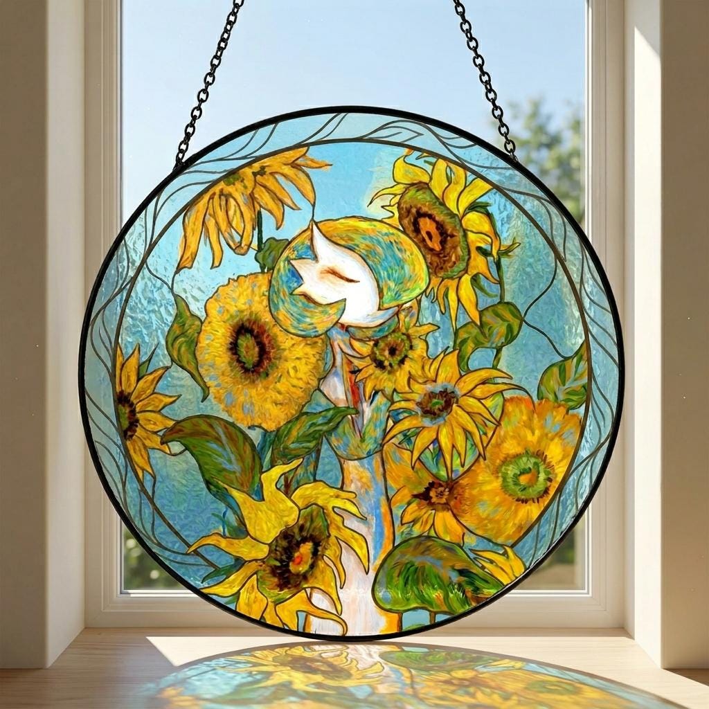 Sunflower Gradevoir Pokemon Stained Glass Suncatcher, Cottagecore Window Hanging, Floral Sun Catcher Home Decor Gift