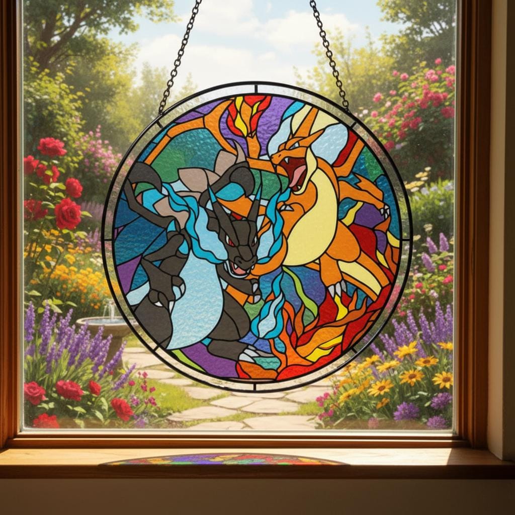 Charizard Pokémon Gen1 Glass Suncatcher, Handmade Pokémon Suncatcher For Fans, Fire Dragon Charizard Decor, Anime Pokemon Lover Gift
